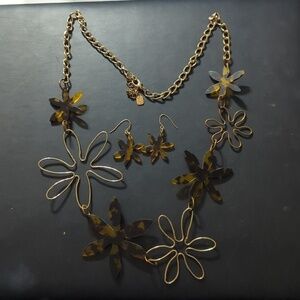 You and I Gold Tone Brown Tortoise Shell Resin Flower Necklace and Earrings Set